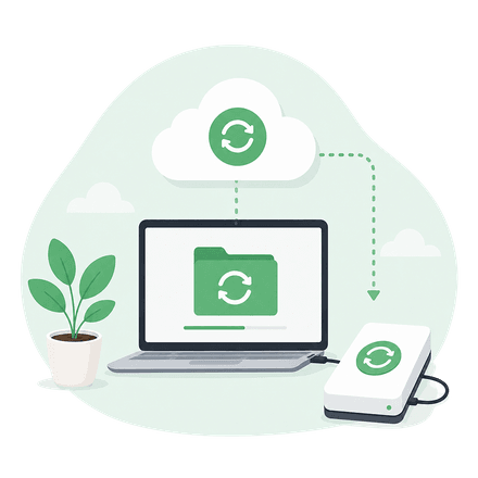 Ein Notebook sichert seine Dateien gleichzeitig in eine Cloud und auf eine externe Festplatte